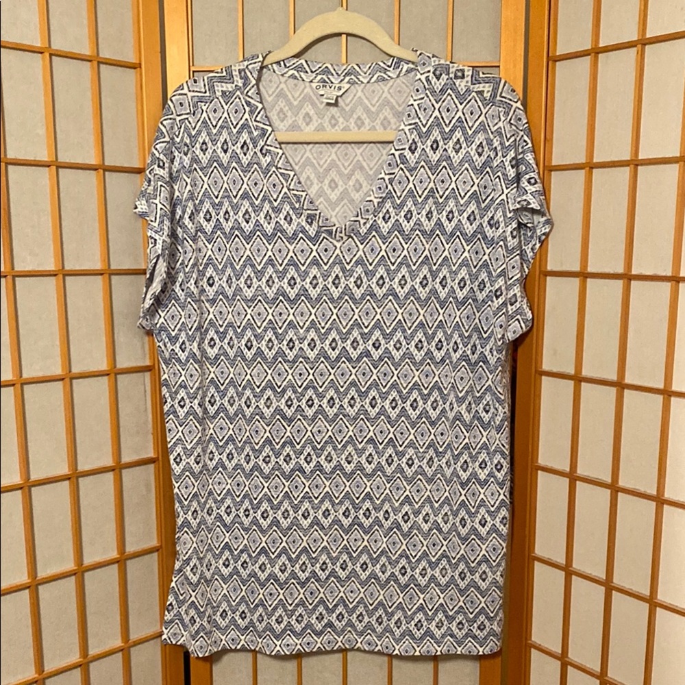 ORVIS Geometric Patterned Blue & White V-Neck Women’s Top Size XL